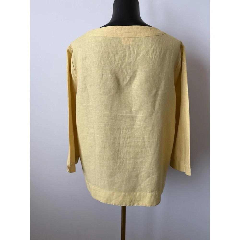 Hot Cotton Women's L Yellow Linen Blouse With Wooden Accents At Neckline NWOT - Picture 5 of 7